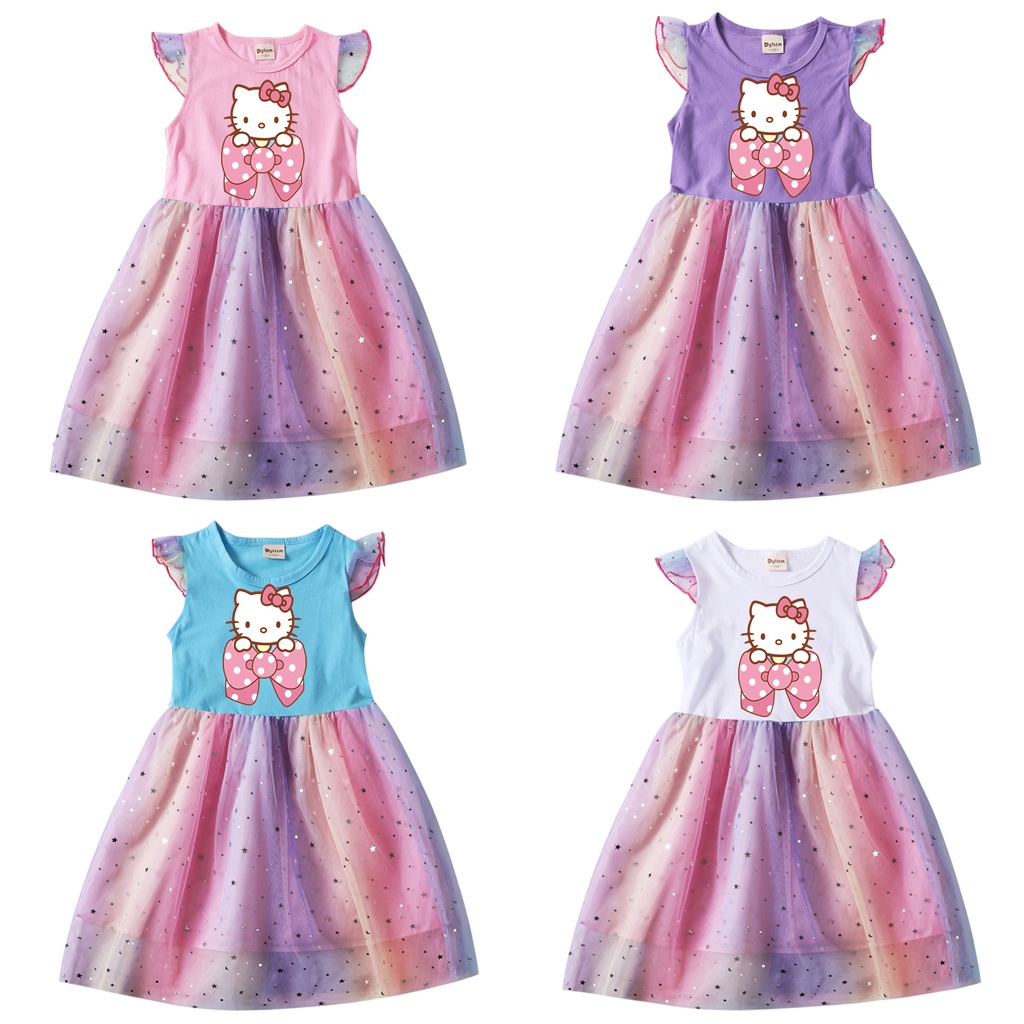 Đầm Công Chúa Tay Ngắn Phối Lưới Đính Kim Sa Họa Tiết Cầu Vồng Họa Tiết Hello Kitty Xinh Xắn Cho Bé Gái