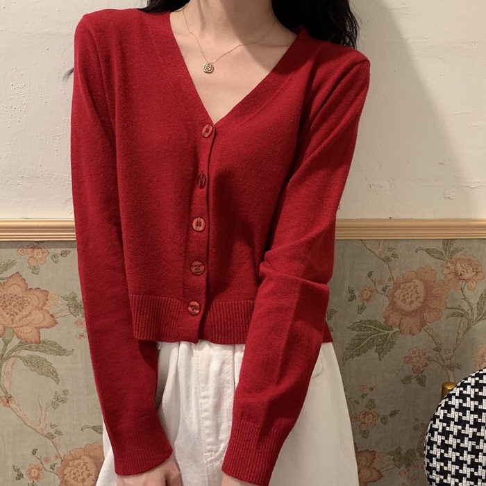 【ZHELIHANGFEI】Áo Cardigan Dệt Kim Tay Dài Cổ Chữ V Lưng Cao Dễ Phối Đồ