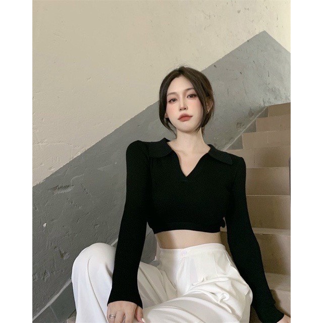 Áo Croptop Cổ V Lưng Trần Cá Tính - Tay dài