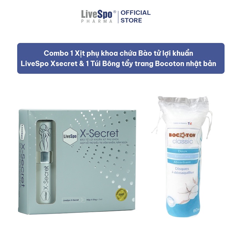 [CHỈ TẶNG] Combo Dung dịch vệ sinh phụ nữ LiveSpo XSecret (4 ống x 20ml + 1 xịt) - Túi Bông Tẩy Trang BOCOTON (80 miếng)