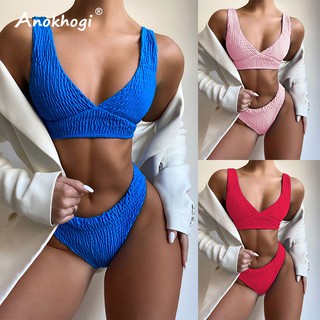 Bikini kiểu xếp ly cổ chữ V màu trơn cho nữ Zms35