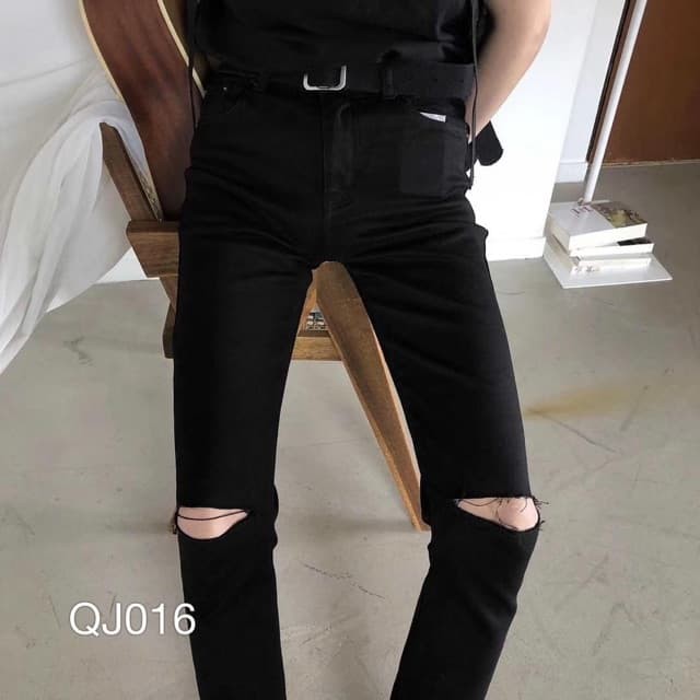 ( Hot)Quần jean nam đen form chất cực đẹp jean xả lai body (rách gối) Jean co giãn