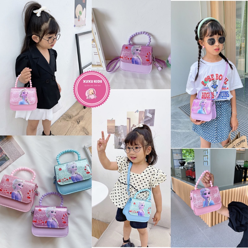 Túi xách bé gái, túi đeo chéo công chúa Elsa  nhiều màu xinh xắn quai xách hạt ngọc kèm dây đeo Xu Xu Kids