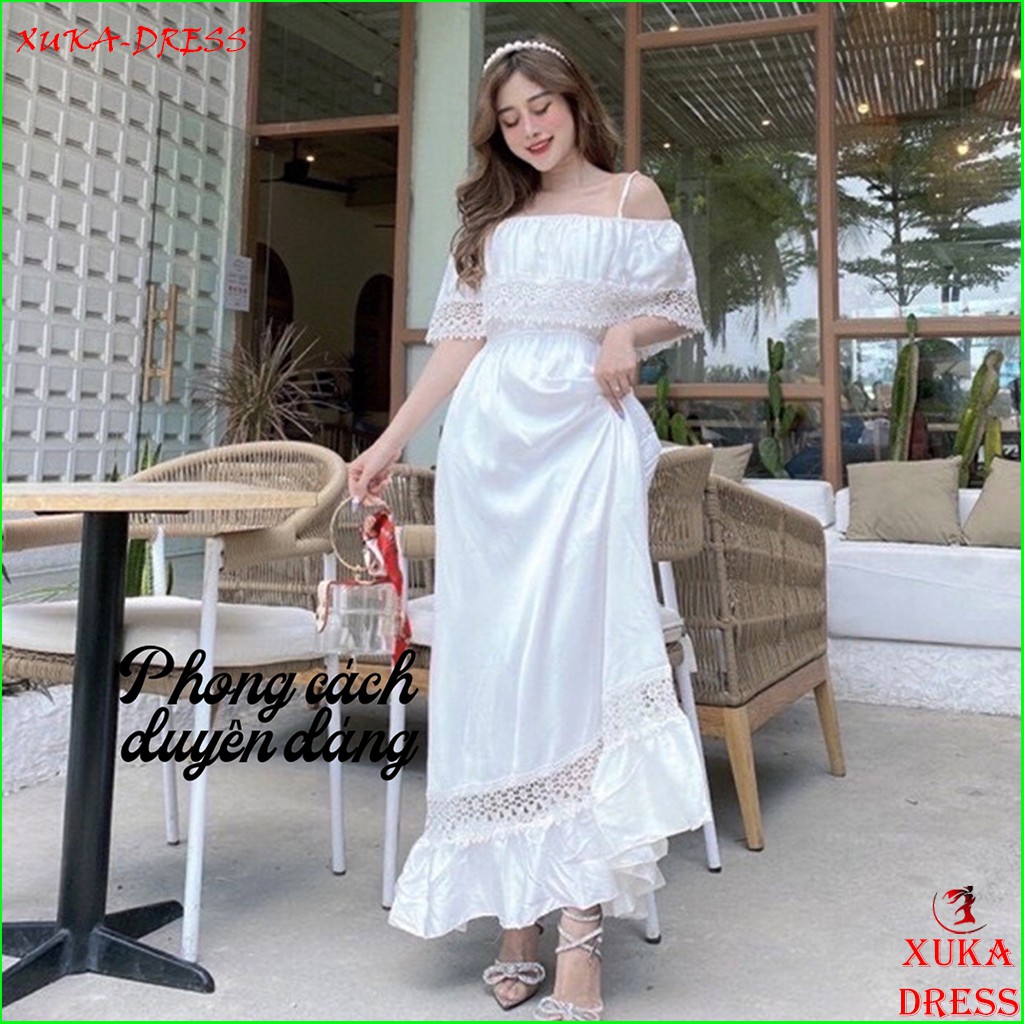 Đầm maxi trắng 2 dây đi biển thiết kế dáng dài trễ vai phối ren quyến rũ thời trang XUKA-DRESS MT101 chất lụa cao cấp