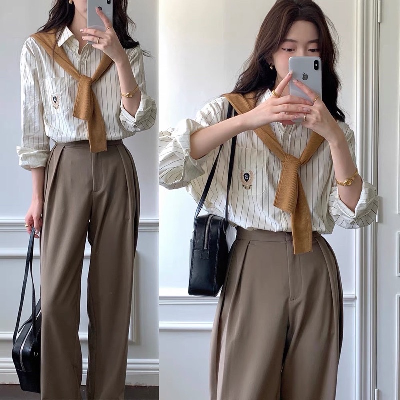 Áo Sơmi Kẻ Sọc Nâu Có Túi Theday