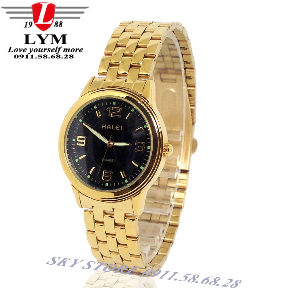 Đồng hồ đôi nam nữ HALEI 7788D dây thép mạ vàng cao cấp thời trang (mặt đen)