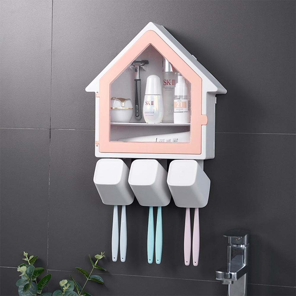 Giá Để Bàn Chải Và Kem Đánh Răng NGÔI NHÀ Decor Phòng Tắm (Kèm 3 Cốc)