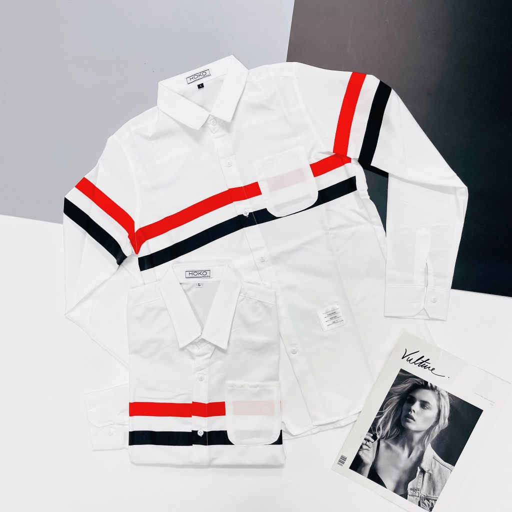 Áo Sơ Mi Nam In Vải Kate Mịn Mát Sọc Đỏ Đen Cách Điệu  Làm Các Cô Xao Xuyến HK