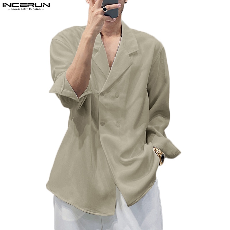 Áo sơ mi INCERUN tay dài màu trơn thời trang mùa thu cho nam
