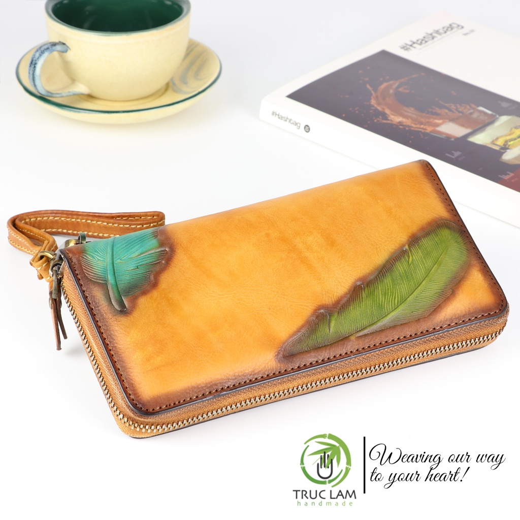 Ví Dài Cầm Tay Thời Trang Nữ Da Thật Cao Cấp Có Khóa Kéo Họa Tiết Lông Vũ – Trúc Lâm Handmade