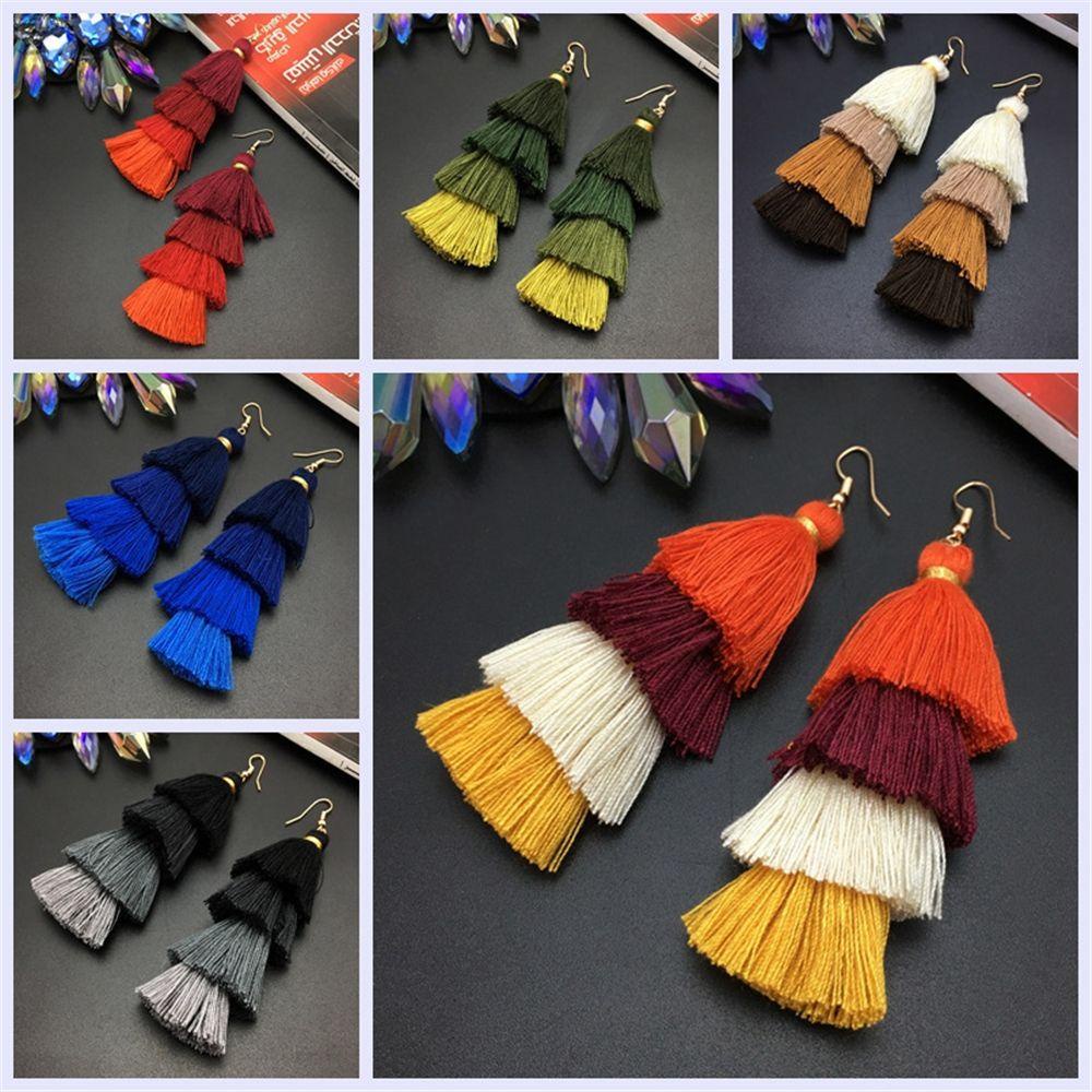 1 Đôi Bông Tai Tua Rua Dài Bằng Vải Lụa Màu Gradient Phong Cách Boho Dân Tộc