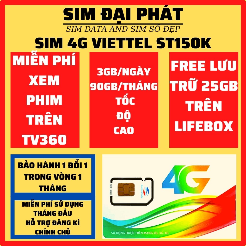 SIM VIETTEL 4G ST150K DATA 90GB/THÁNG - Miễn Phí Tháng Đầu - Miễn phí xem phim trên ứng dụng TV360