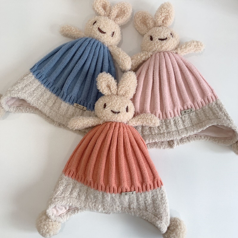 Mũ Len Dệt Kim Đính Tai Thỏ Dễ Thương Thời Trang Thu Đông