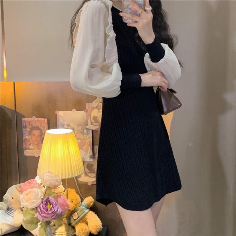Váy len phối tay voan trắng ulzzang