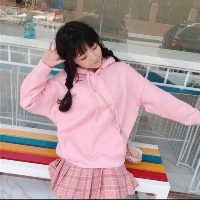 Áo Hoodie Trơn Unisex Tay Dài Hồng Phấn