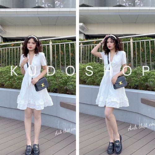Váy trắng dự tiệc 2 tầng thắt nơ ngực dáng xòe quyến rũ/ Váy đi biển cộc tay ôm eo style hàn quốc - kudoshop