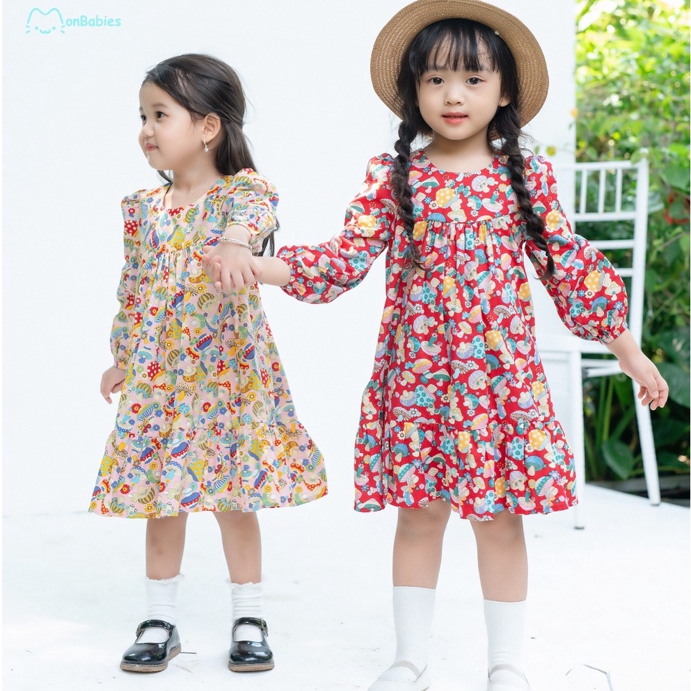 Đầm cho bé gái babydoll dài tay MonBabies VL06 cotton 1-6 tuổi họa tiết dễ thương