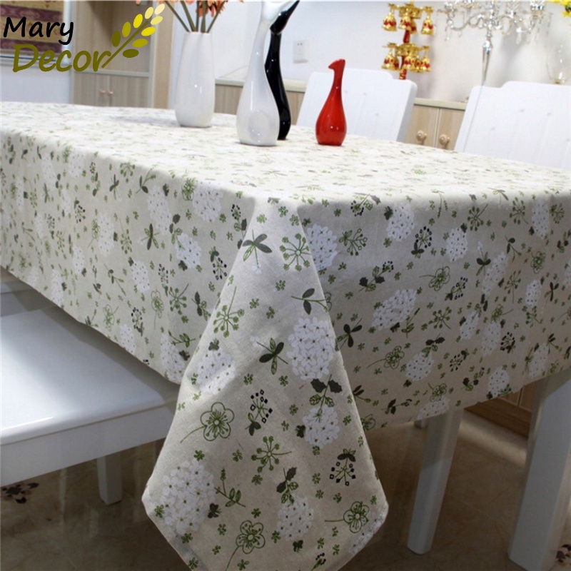 Khăn phủ bàn gỗ Mary Decor Quà tặng vải lanh cotton viền ren chất lượng cao - họa tiết Cẩm tú cầu trắng - KB-