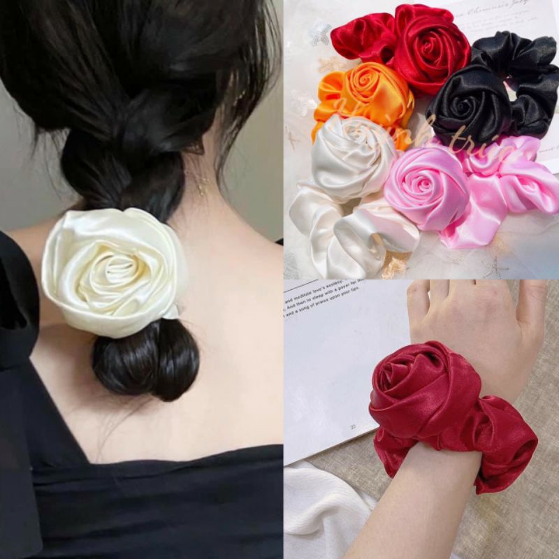 Cột tóc hoa hồng vải lụa phong cách cổ điển