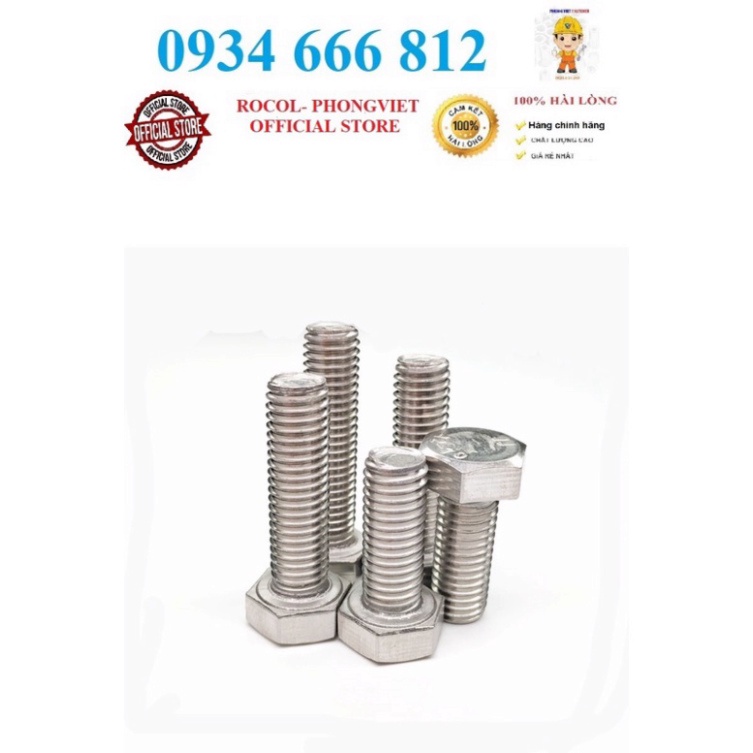 Set 10c Bulong lục giác ngoài inox 201 M10,  M10X40, M10X50, M10X60, M10X70