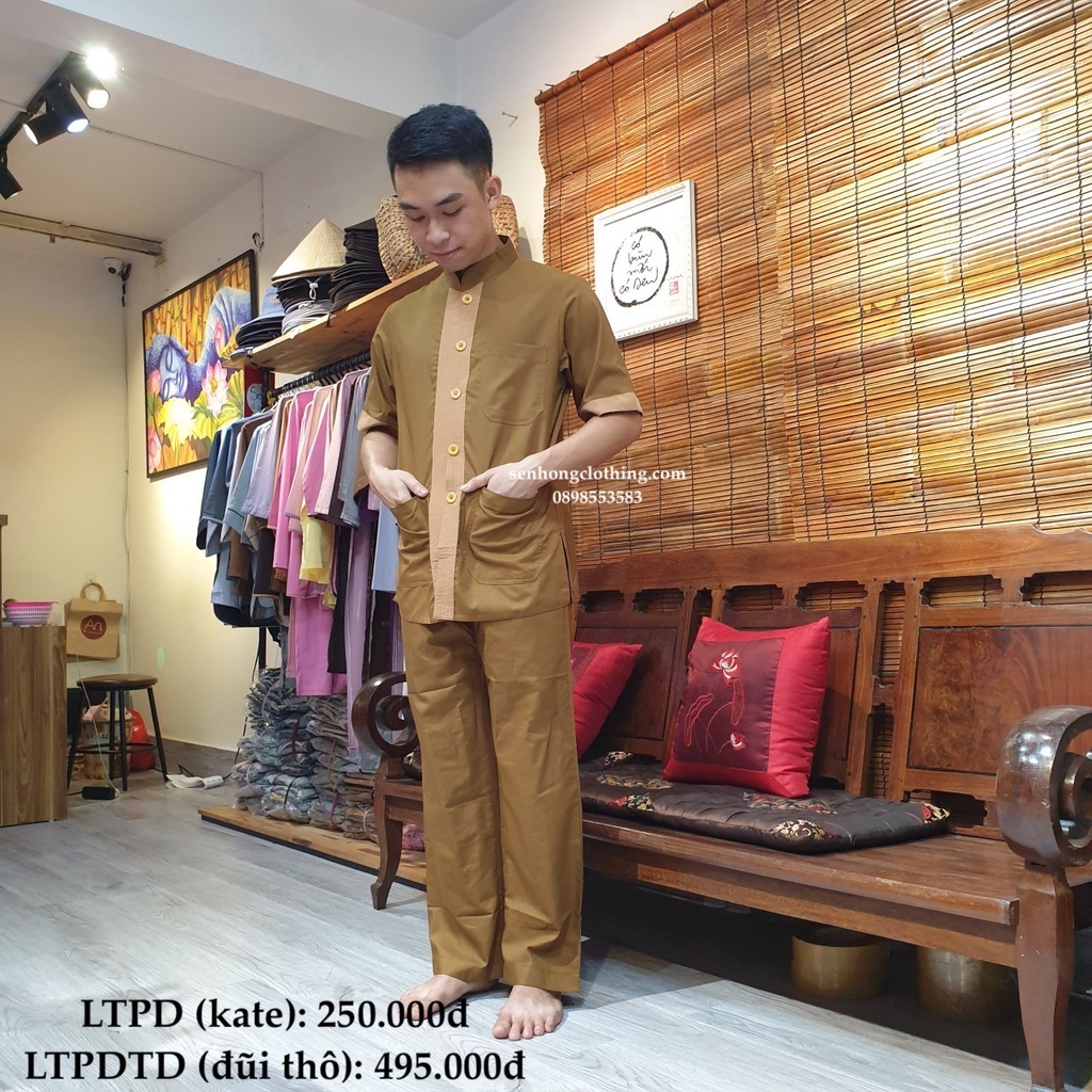 ĐỒ PHẬT TỬ NAM - bộ lãnh tụ cư sĩ nam # pháp phục nam tay ngắn cúc nhựa có viền nổi LTP