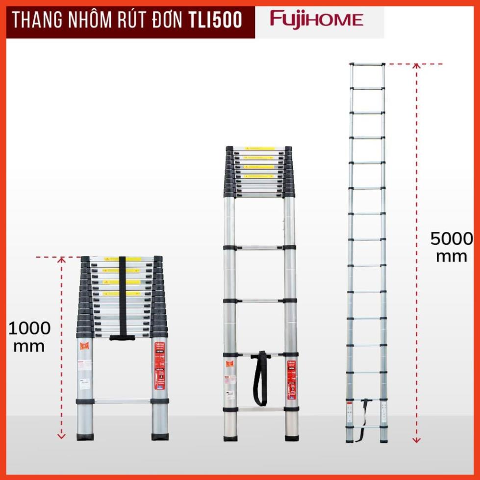 Thang nhôm rút đơn FUJIHOME 3,8M - 5M gấp gọn chính hãng, thang rút xếp gọn gia đình đa năng Nhập Khẩu Nhật Bản