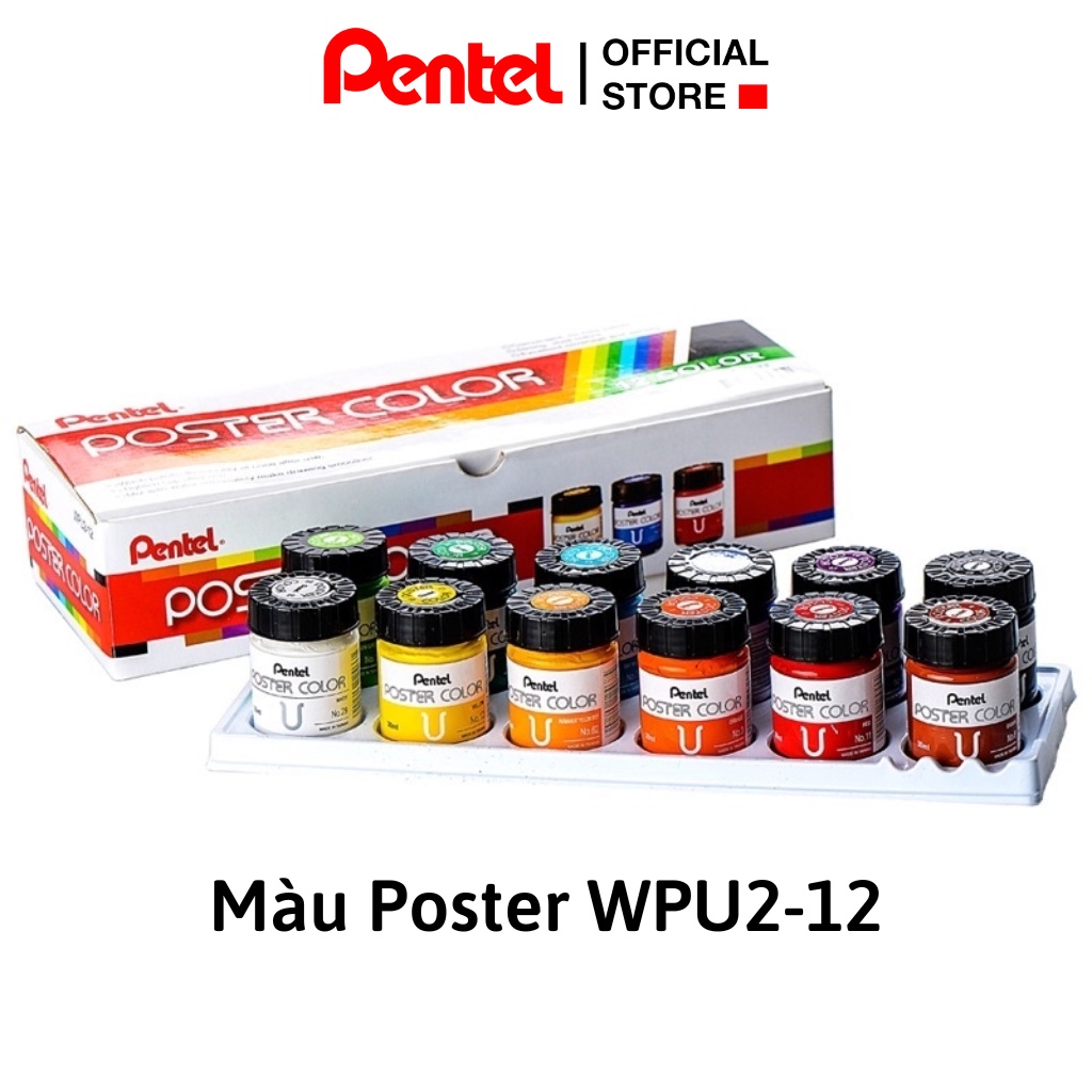 Bộ 12 Màu Poster Pentel Màu Cơ Bản Không Hóa Chất | Màu Bột Gốc Nước Nước Vẽ Được Mọi Chất Liệu | An Toàn Cho Người Dùng