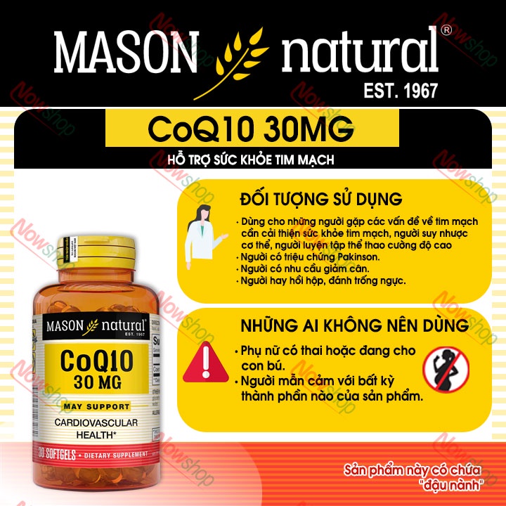 Viên uống bổ tim Mason Natural CoQ10 30mg hỗ trợ sức khỏe tim mạch giúp giảm cholesteron máu ổn định huyết áp hiệu quả