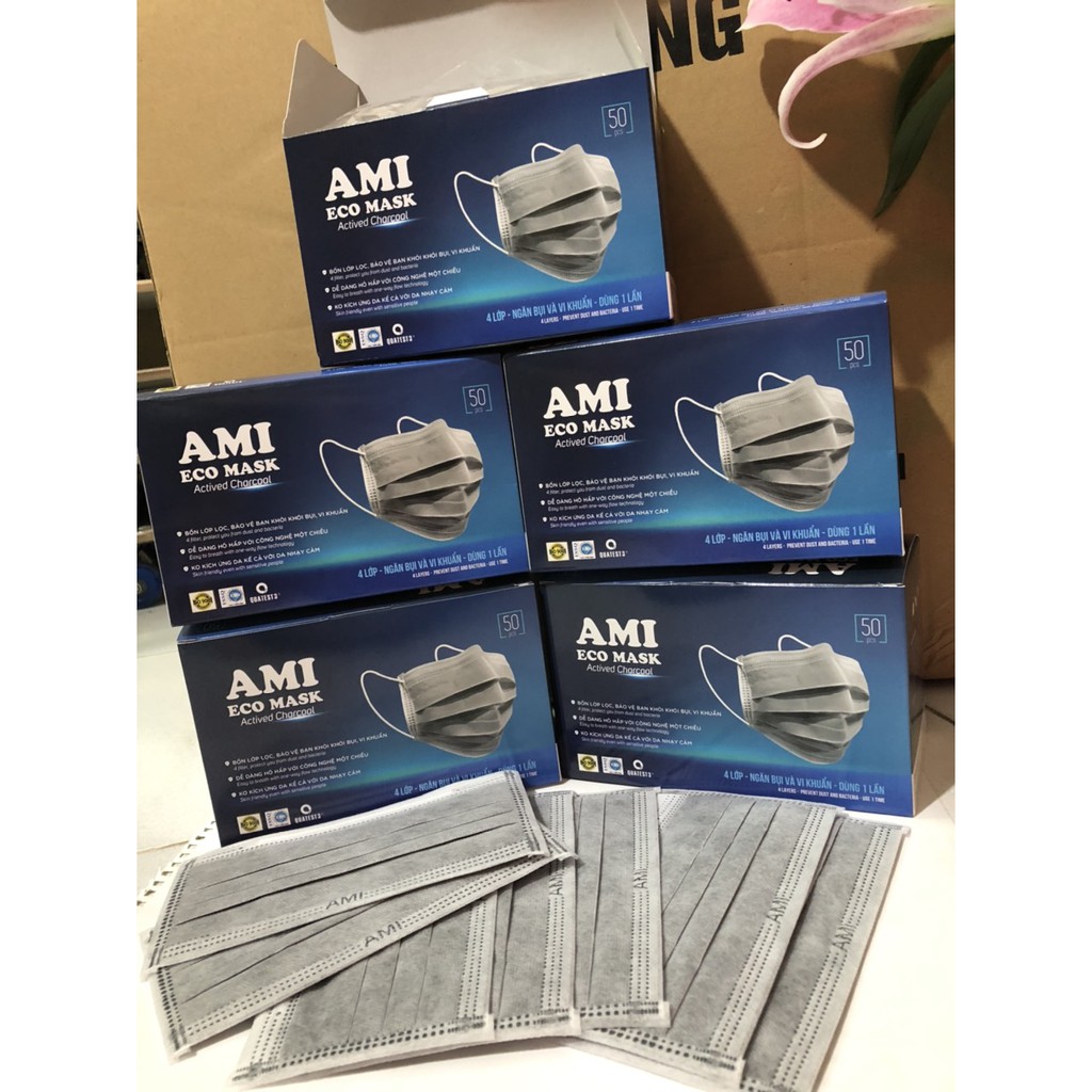 Combo 7 hộp_Khẩu Trang Y Tế_Than Hoạt Tính 4 lớp AMI (350 chiếc 7 hộp) 7xám [khẩu trang y tế]