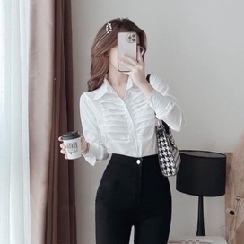 Áo sơ mi trắng nữ tay dài đi học áo kiểu điệu đuôi tôm phối viền ren ngang ngực Áo sơ mi kiểu tiểu thư hàn quốc công sở