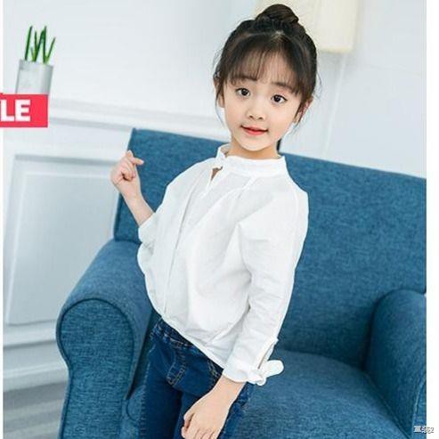 №✇□Little Girl Spring / Summer 2021 Áo sơ mi trắng sọc mỏng dài tay Trẻ em lớn Phong cách Hàn Quốc Cổ đứng Thường