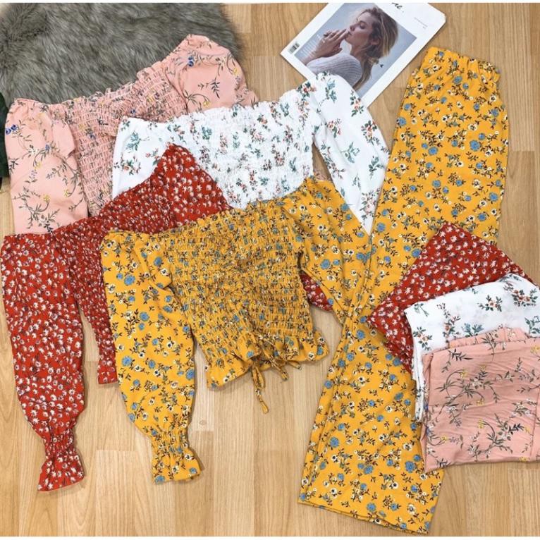 Set Voan Hoa Nhí Áo Croptop Ôm Body Tay Dài Quần Voan Lưng Chun Ống Rộng Trắng Đỏ Hồng Vàng DRSET16 Mys Unicorn Fashion