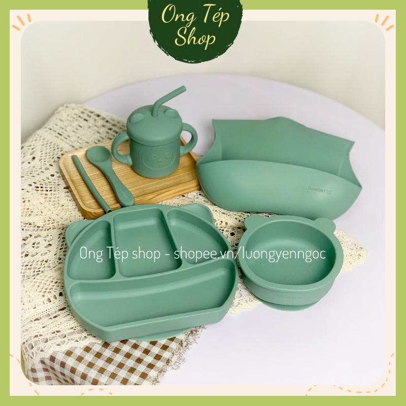 Set ăn dặm silicon 5 chi tiết: Bát ăn dặm silicon kèm thìa, cốc tập hút silicon, khay/đĩa ăn dặm, yếm ăn dặm Samimi