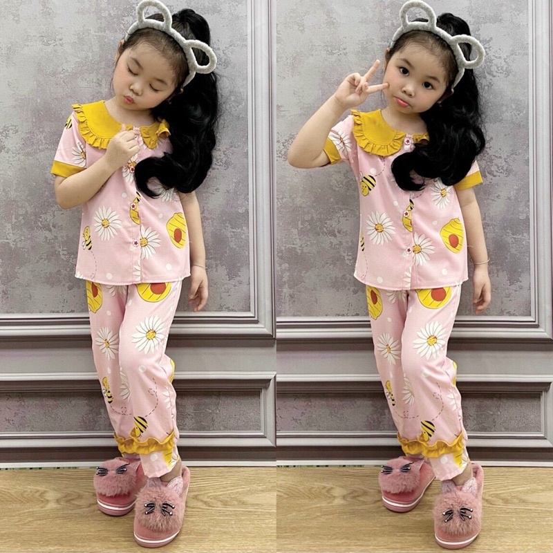 Bộ mặc nhà pijama tay ngắn quần dài họa tiết đáng iu cho bé gái (10-22kg) - Hirokids