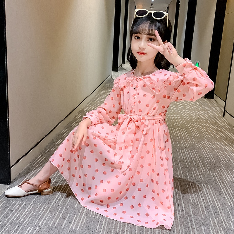 Đầm Tay Dài Cổ Bẻ Họa Tiết Chấm Bi Đơn Giản Thời Trang Mùa Hè Mới Dành Cho Bé Gái 2022