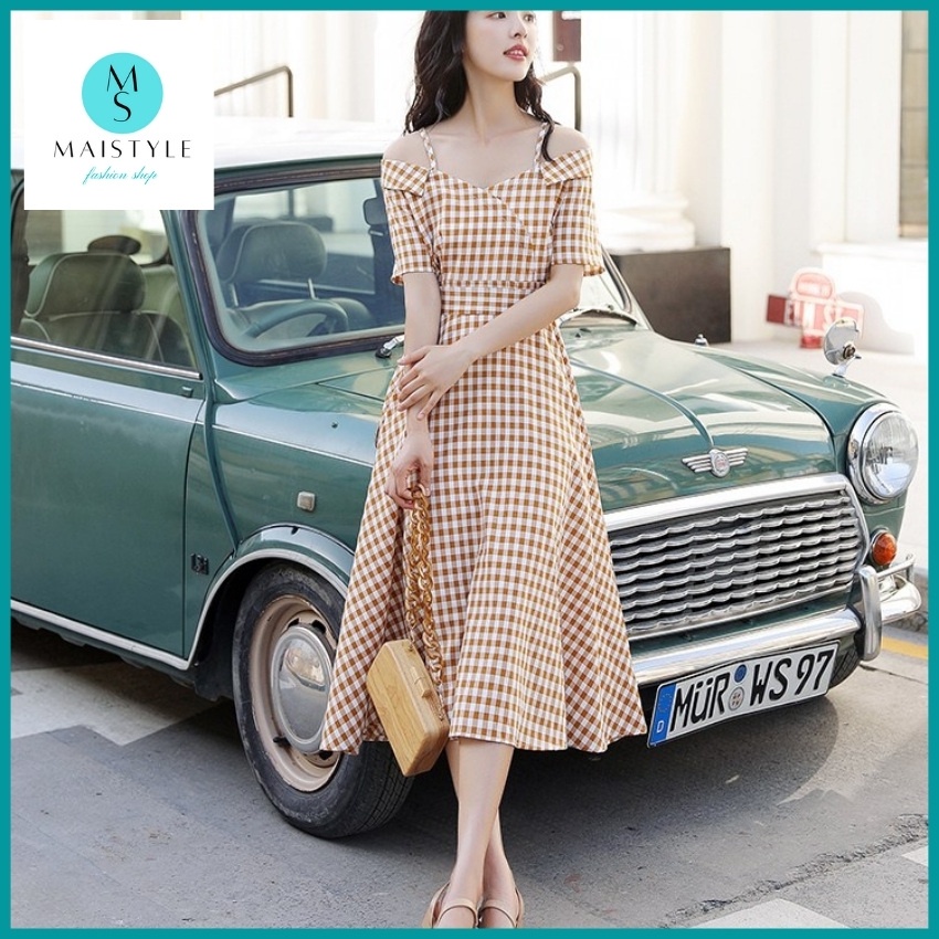 Đầm caro MAISTYLE Váy caro 2 dây tiểu thư trễ vai xinh đầm hai dây bánh bèo dáng dài đẹp xòe đi chơi tết dễ thương | BigBuy360 - bigbuy360.vn