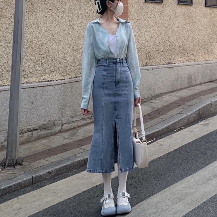 Summer Korean version of the new ins high waist split fishtail denim skirt women