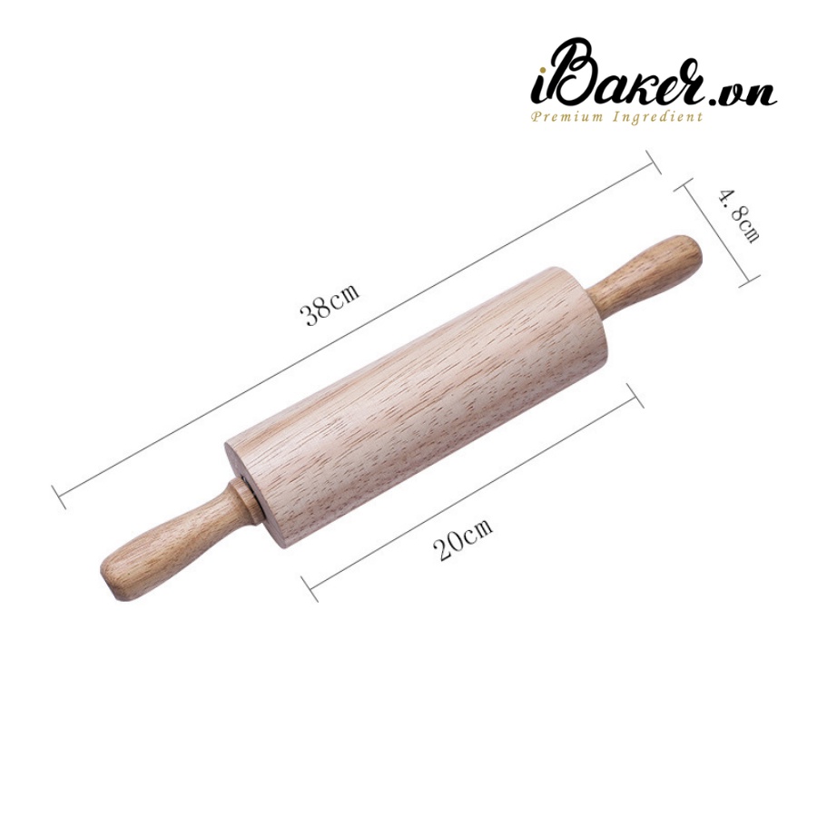 Cây cán bột/ cây lăn bột gỗ có tay cầm - Trục xoay - Dài 38cm