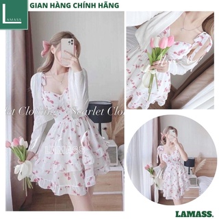 Sét váy hoa 2 dây  tầng kèm áo choàng ngoài mầu trắng tiểu thư bánh bèo ulzzang đầm hàn quốc dễ thương -LAMASS