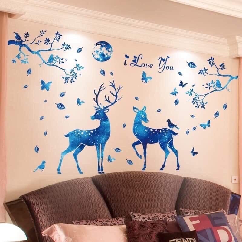 Tranh dán tường, Decal dán tường hoa pha lê tím và hươu xanh.