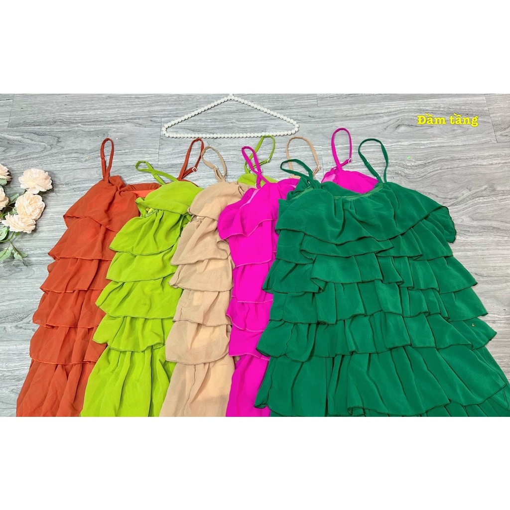 Đầm hai dây maxi voan phối tầng đi chơi du lịch hẹn hò siêu đẹp bầu bì bon chen được hình thật