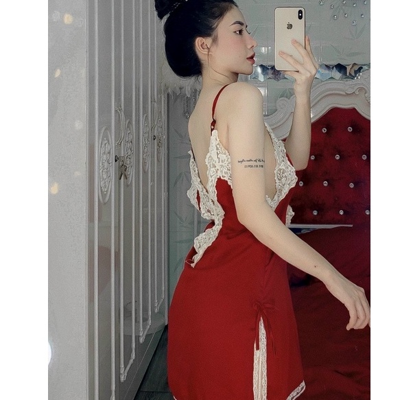 Đồ ngủ sexy / Đầm ngủ 2 dây xẻ tà phối ren, chất liệu satin cao cấp loại 1, kèm quần đùi siêu cute, freesize dưới 65kg S | BigBuy360 - bigbuy360.vn