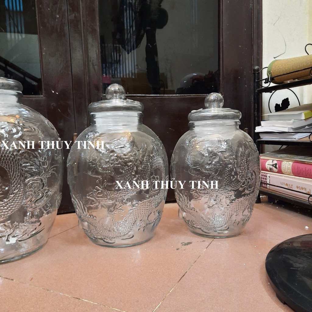 Chum thủy tinh họa tiết rồng phượng, dày dặn - Dung tích - 10 lít
