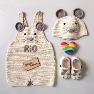 Set quần yếm nón giày len handmade hình Chuột