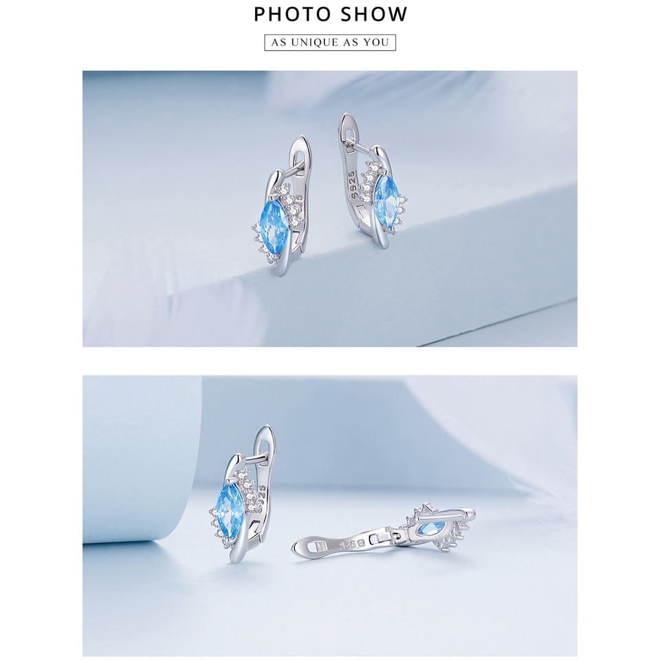 Đôi khuyên tai BAMOER bạc 925 đính đá màu xanh navy đơn giản thời trang cho nữ