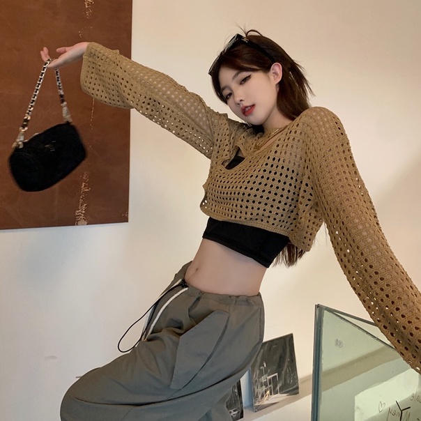 NUZIRO Áo kiểu  dệt kim tay dài dáng rộng ngắn chống nắng thiết kế rỗng ngọt ngào cho nữ