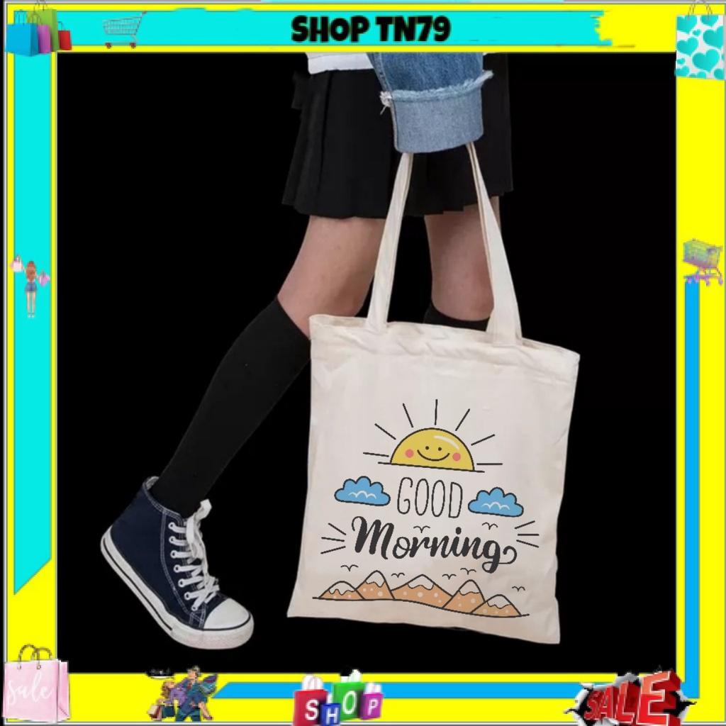 Túi tote nữ vải canvas Good Morning có khóa miệng , túi con phong cách Hàn Quốc thích hợp đi học , đi chơi ...