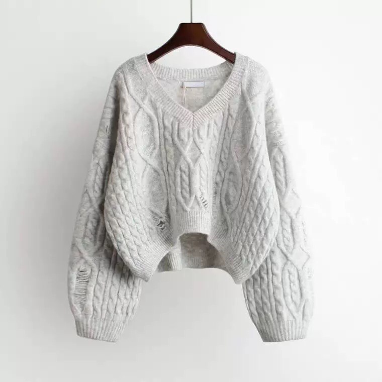 Áo len đuôi tôm xước cổ V dáng ngắn style Hàn Quốc len dệt kim hàng Quảng Châu