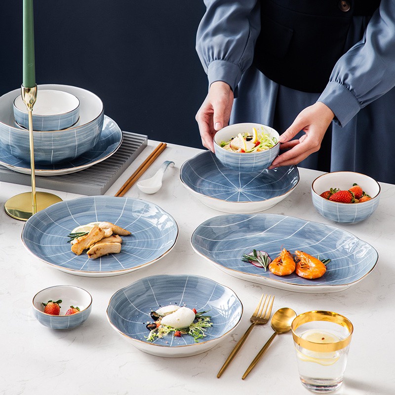 Bộ bát đĩa sứ cao cấp màu xanh ghi vàng kim - phong cách Bắc Âu