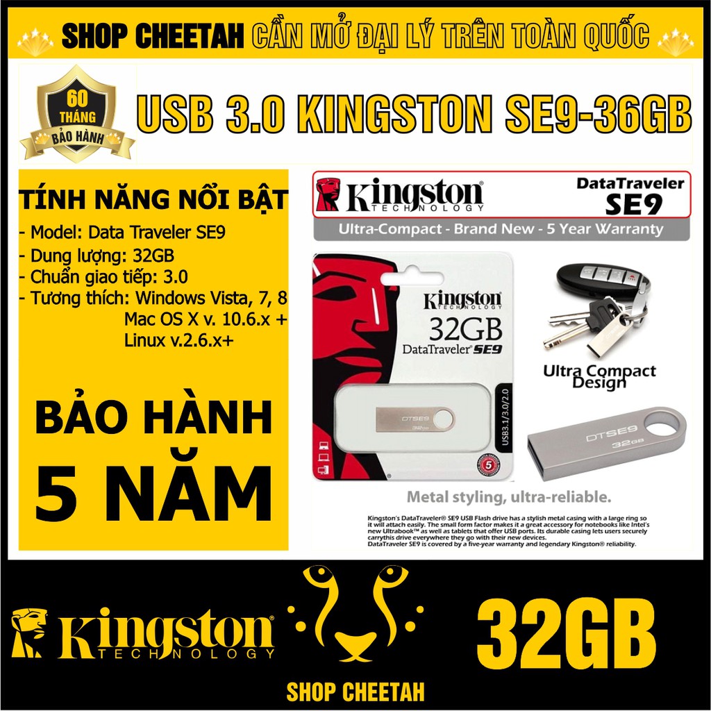 USB 3.0 Kingston 32GB DataTraveler SE9 – Vỏ thép nguyên khối – Chịu va đập – Kháng nước – CHÍNH HÃNG – Bảo hành 5 năm